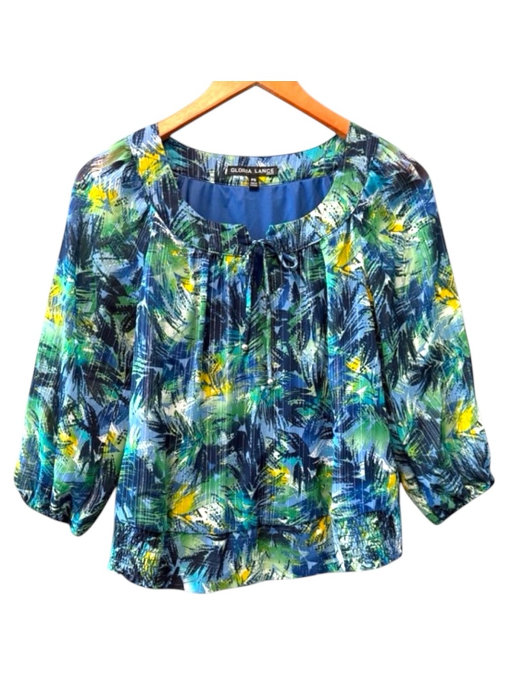 Gloria Lance Petite Small Blue Green Abstract Sheer 3/4 Sleeve Blouse